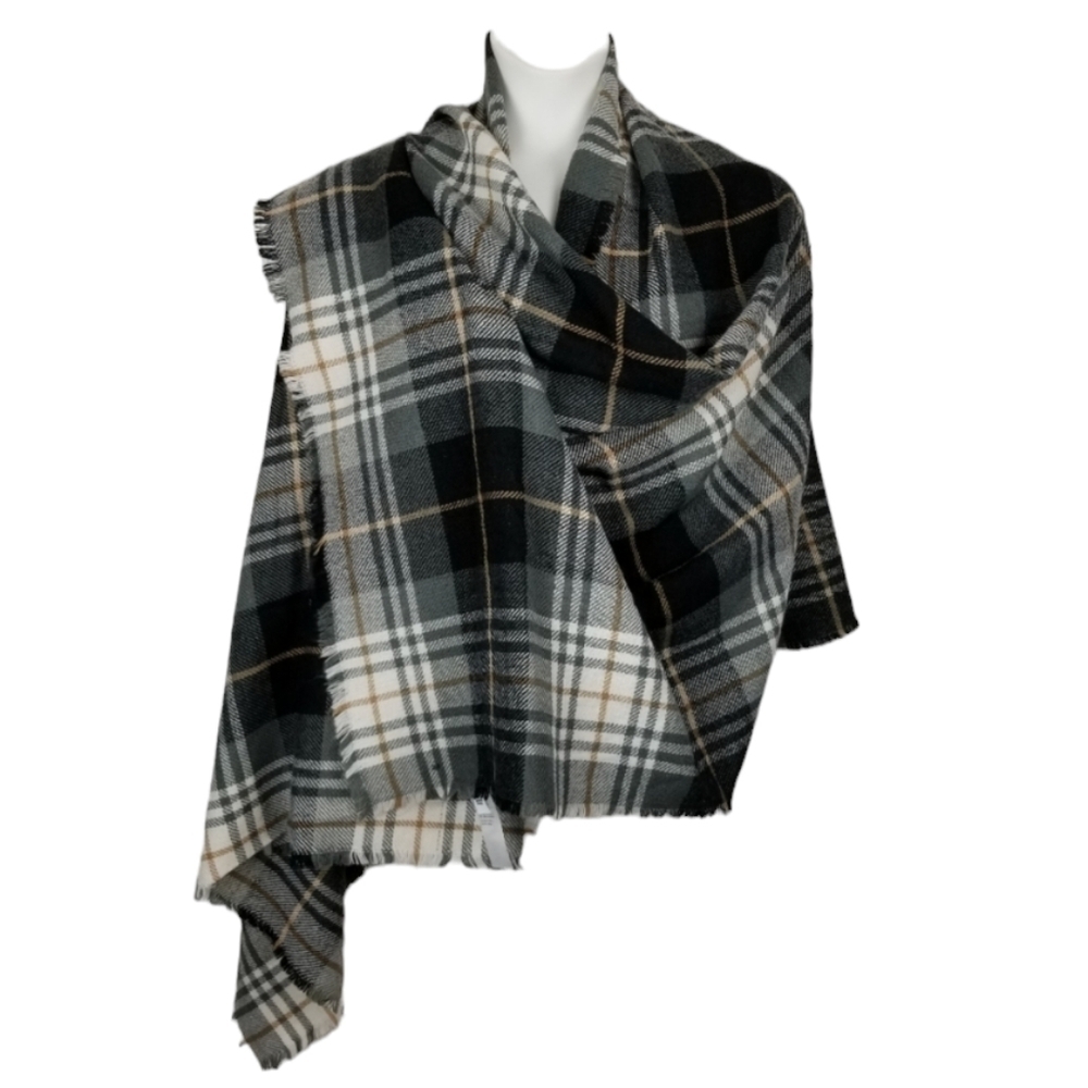 Isaac Mizrahi Blanket Scarf Plaid Fringe Neutral Gray Black Cream Tan Acadamia